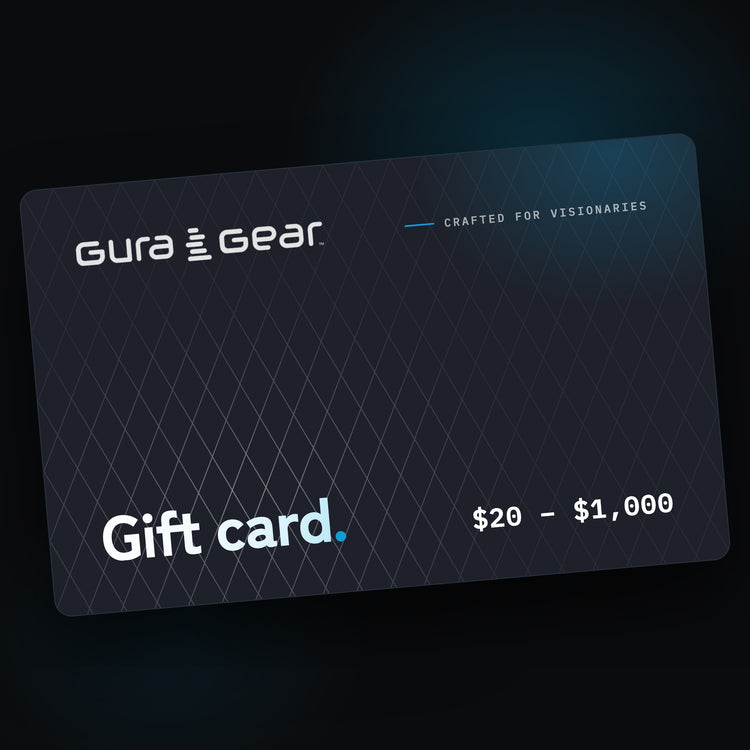 Gura Gear gift card: navy card with the X-Pac diamond texture, Gura Gear logo, Crafted for Visionaries, Gift card, $20 to $1,000